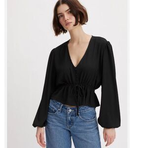 Levi’s Lisa Black Button Down Long Sleeve Blouse with Drawstring & Peplum Sz. M